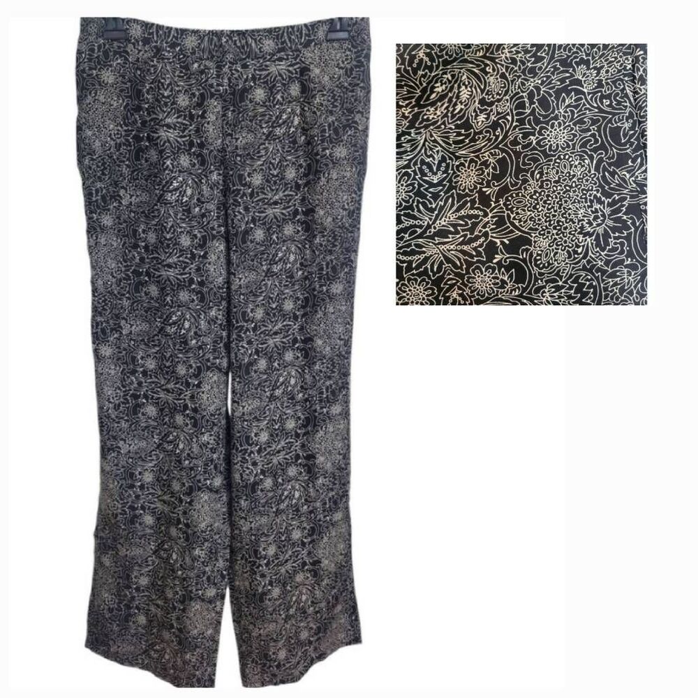 Northstyle Black Tan Wide Leg Floral Pull On Pants Sz L Pockets, Dressy, Casual,